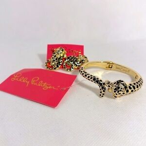 Lilly Pulitzer Gold Leopard Hinged Cuff Bracelet and Matching Post Earrings- NWT